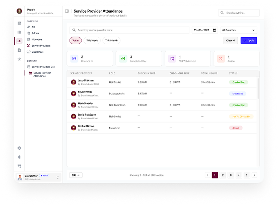 Service Provider Attendance - Track staff attendance with full visibility. Know who checked in, who’s on break, and who’s missing. Stay informed about attendance trends to enhance team productivity.